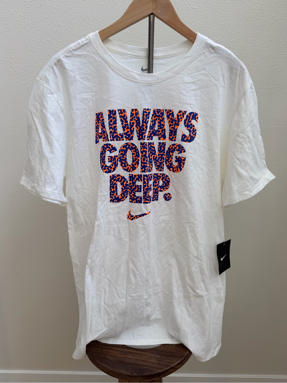 Nike White Short Sleeve Tee with Blue and Orange Leopard Graphic